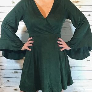 Suede olive green dress with bell sleeves